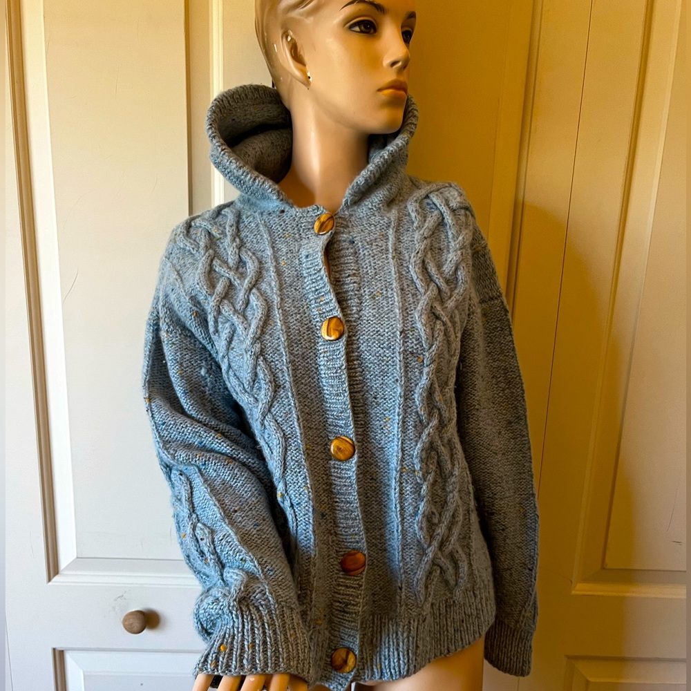 Wool Vintage Handmade Cardigan Sweater with a hood and wood buttons S